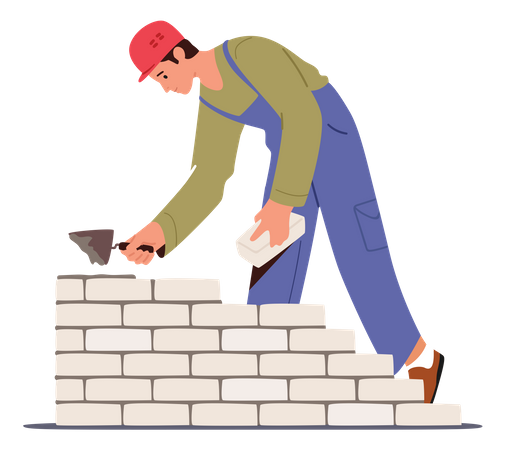 Travail masculin posant des briques sur le site et fabriquant un mur  Illustration