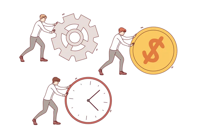 Travailler à augmenter la productivité de l'entreprise grâce aux gestionnaires qui font rouler de grandes horloges, des pièces de monnaie ou des équipements  Illustration