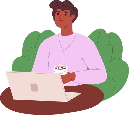 Un travailleur à distance est assis devant un ordinateur portable et boit du café  Illustration