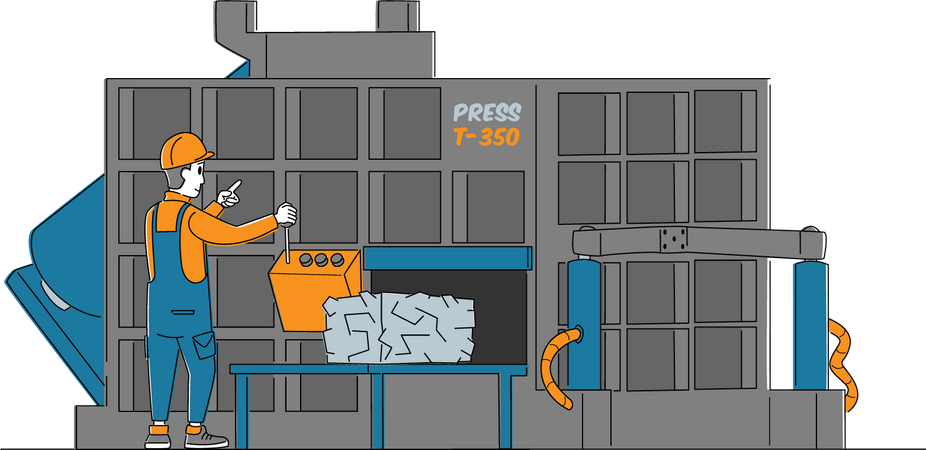 Travailleur compressant des boîtes de conserve usagées en un énorme cube  Illustration