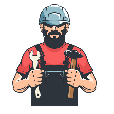 Un ouvrier en mécanique de casque tient un marteau et une clé  Illustration