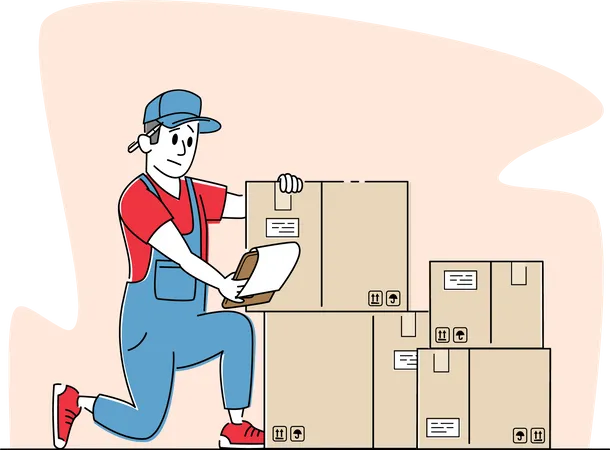 Travailleur dans un entrepôt avec des boîtes vérifiant la liste des marchandises à distribuer  Illustration