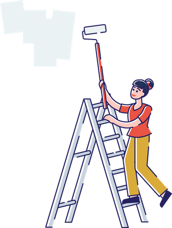 Stand de travailleur sur un mur de coloration d'échelle avec un rouleau à peinture  Illustration