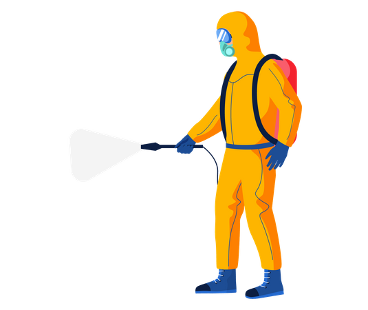 Travailleur désinfectant portant une combinaison de protection contre les matières dangereuses  Illustration