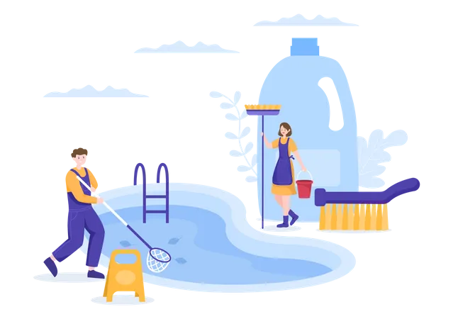 Travailleur nettoyant l'eau dans la piscine avec Net  Illustration