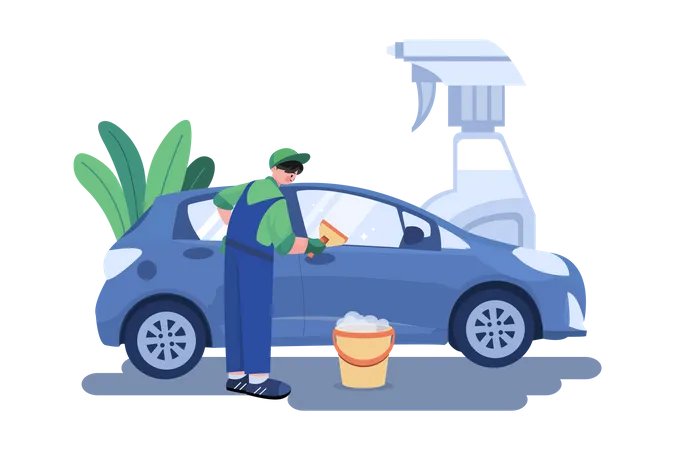 Travailleur masculin nettoyant la voiture  Illustration