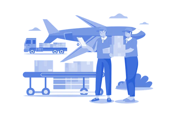 Ouvrier mettant des cartons dans un avion cargo  Illustration