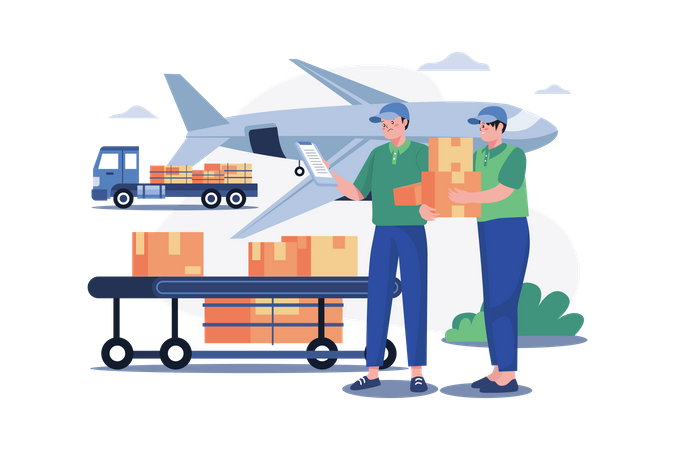 Ouvrier mettant des cartons dans un avion cargo  Illustration