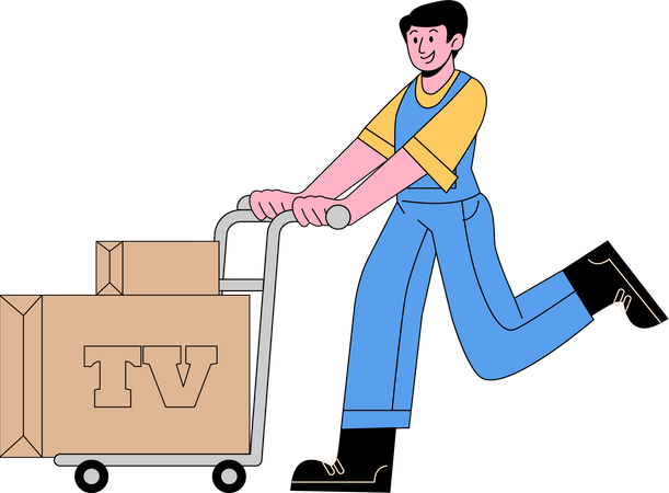 Travailleur poussant un chariot de télévision  Illustration