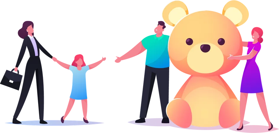 Un travailleur social amène un enfant orphelin à de nouveaux parents avec un énorme cadeau en forme d'ours doux  Illustration