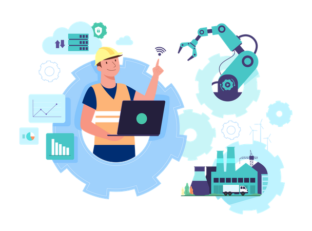 Travailleur utilisant la technologie sans fil pour contrôler l'usine  Illustration