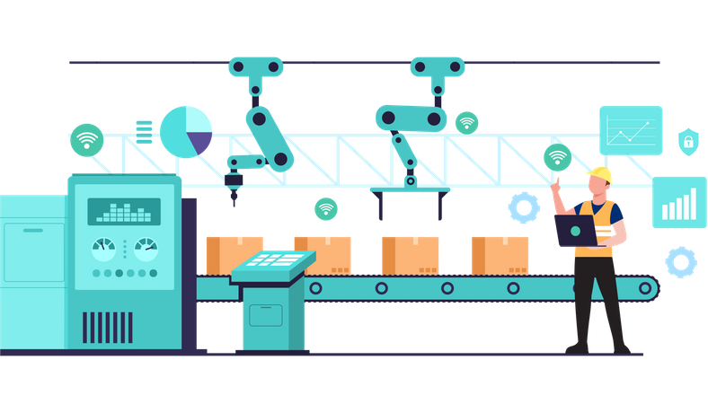 Travailleur utilisant le Wi-Fi depuis un ordinateur portable contrôlant les lignes de convoyeur d'une usine automatique  Illustration