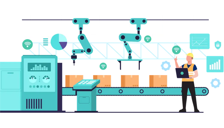 Travailleur utilisant le Wi-Fi depuis un ordinateur portable contrôlant les lignes de convoyeur d'une usine automatique  Illustration