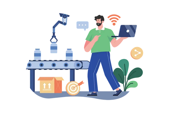 Travailleur utilisant le Wifi depuis un ordinateur portable contrôlant les lignes de convoyeurs d'une usine automatique  Illustration