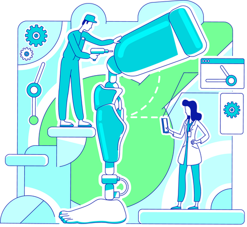 Travailleurs de laboratoire de prothèses fabriquant la jambe  Illustration