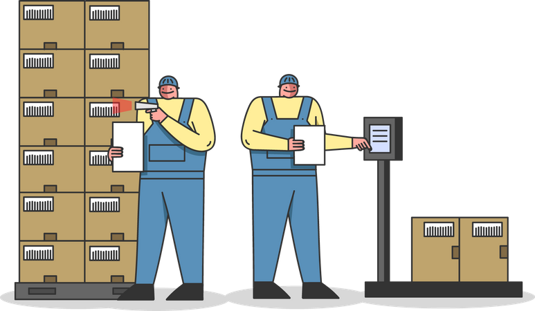 Travailleurs scannant des colis à l'aide d'un lecteur de codes-barres  Illustration