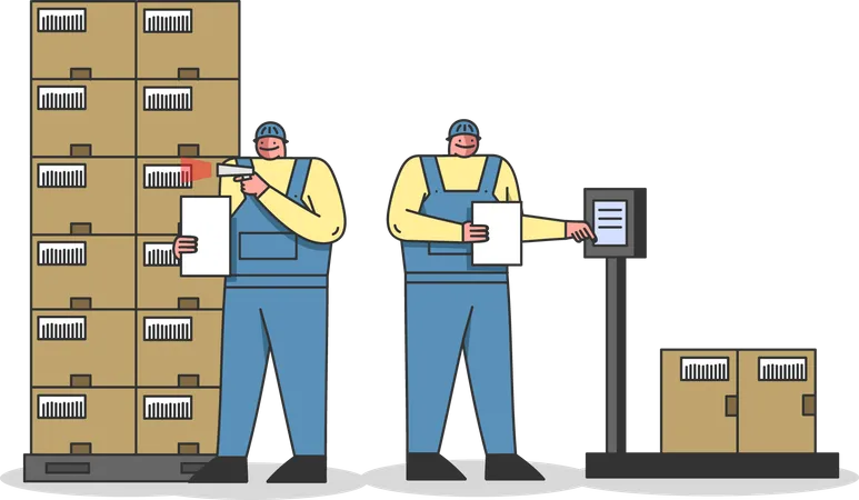 Travailleurs scannant des colis à l'aide d'un lecteur de codes-barres  Illustration