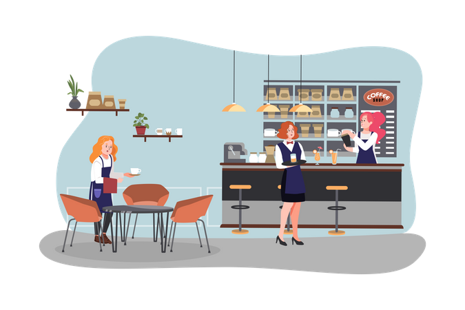 Travailleuses travaillant au café  Illustration