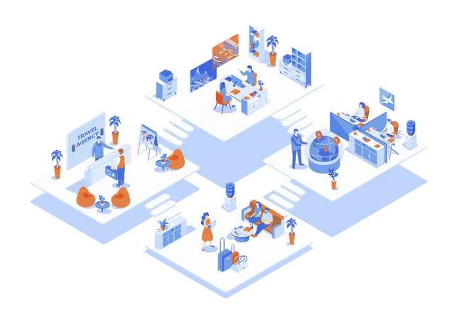 Travel Agency Concept 3 D Isometric Web Scene With Infographic People At Reception Hall And Waiting Room Operators Work And Tour Selection In Office Vector Illustration In Isometry Graphic Design Illustration