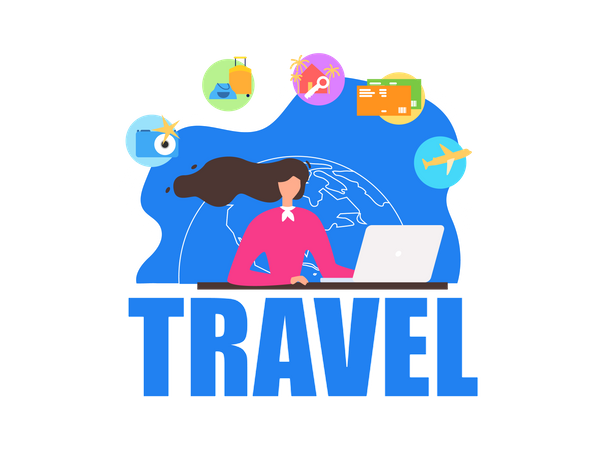 Travel Agency Agent Sitting in Front of Laptop, Offering Company Services to Clients  Illustration