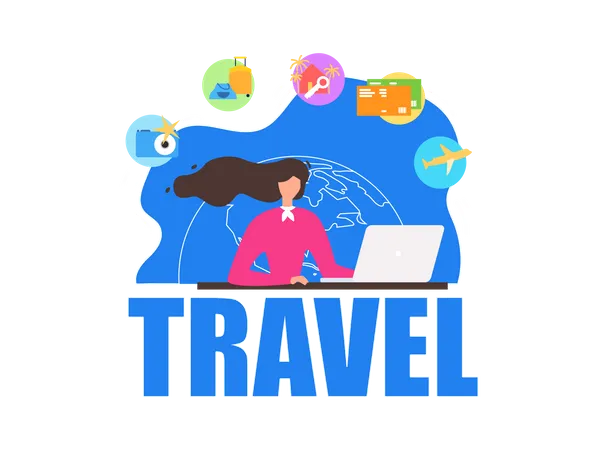 Travel Agency Agent Sitting in Front of Laptop, Offering Company Services to Clients  Illustration