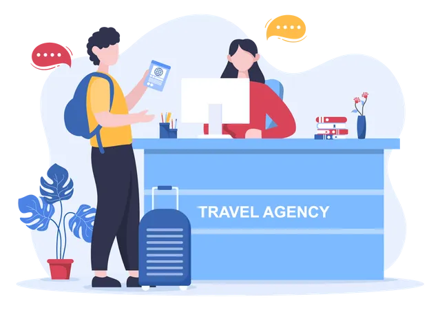 Travel Agency helping man to book flight Illustration