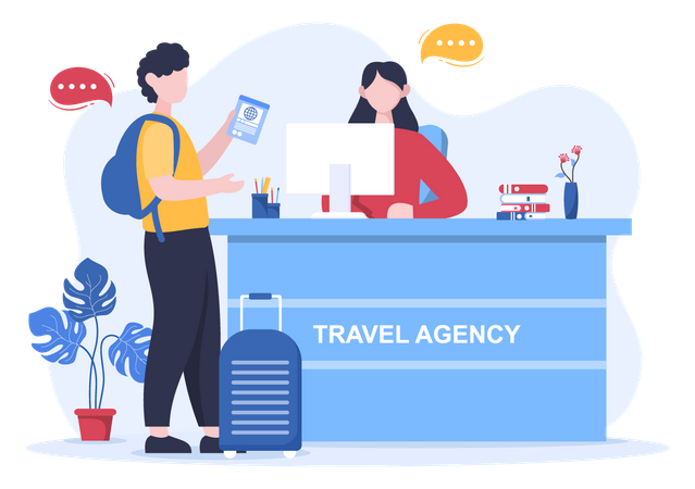 Travel Agency helping man to book flight  Illustration