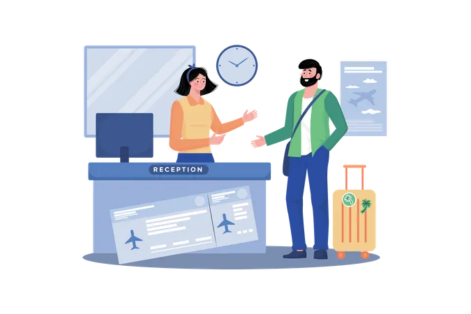 Travel agent helping clients book flights and accommodations for a holiday  イラスト