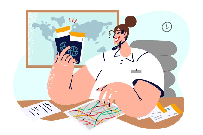 Woman Travel Agency Manager Holding Passport And Plane Tickets Sitting At Office Desk Near World Map Girl Helps To Get Visa For Summer Travel And Spend Vacation Or Weekend At Resort Illustration