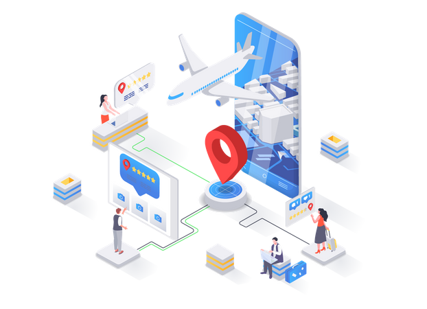 Travel application for ticket orders, hotel search, review and reservation  Illustration