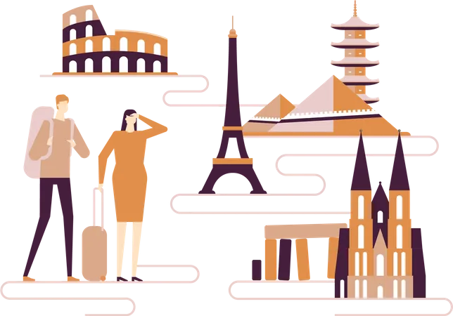 Travel Around The World Colorful Flat Design Style Illustration A Composition With Tourists Couple With Baggage Landmarks Eiffel Tower Colosseum Pagoda Pyramids Cologne Cathedral Stonehenge イラスト