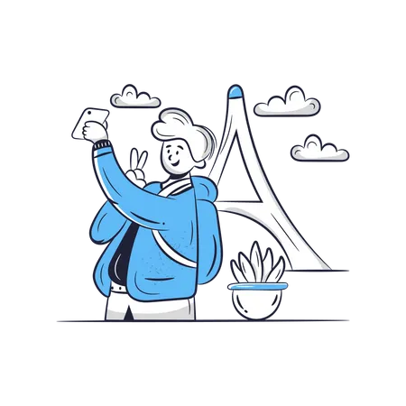 Travel Blogger taking selfie with eiffel tower  Illustration