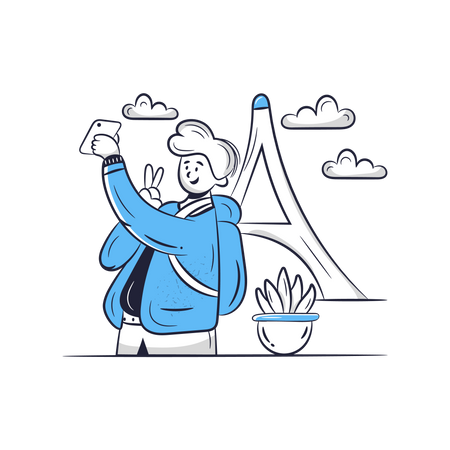 Travel Blogger taking selfie with eiffel tower  일러스트레이션
