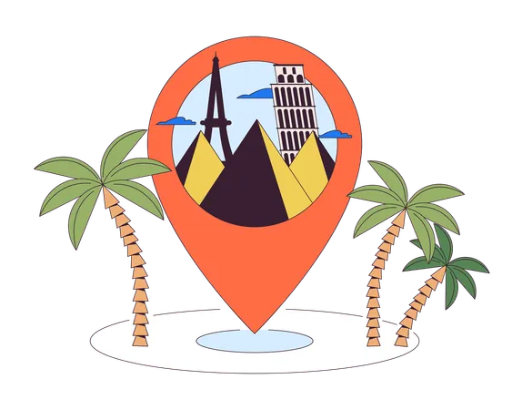 Travel Destination Pin 2 D Linear Illustration Concept Tropical Vacation Pinpoint Location Cartoon Object Isolated On White Attractions Europe Holidays Metaphor Abstract Flat Vector Outline Graphic Illustration