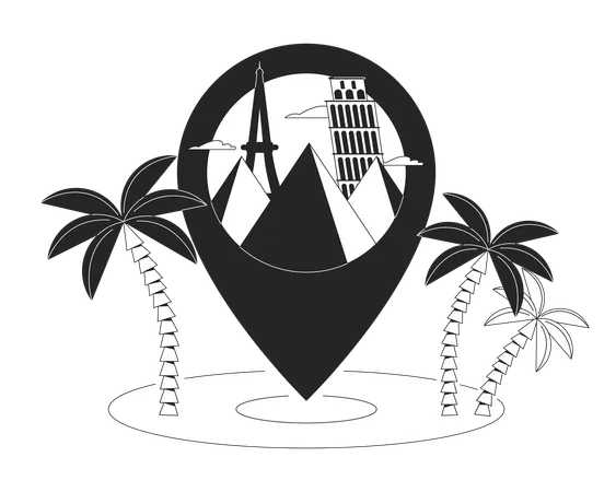 Travel Destination Pin Black And White 2 D Illustration Concept Tropical Vacation Pinpoint Location Cartoon Outline Object Isolated On White Attractions Europe Holidays Metaphor Monochrome Vector Art Illustration