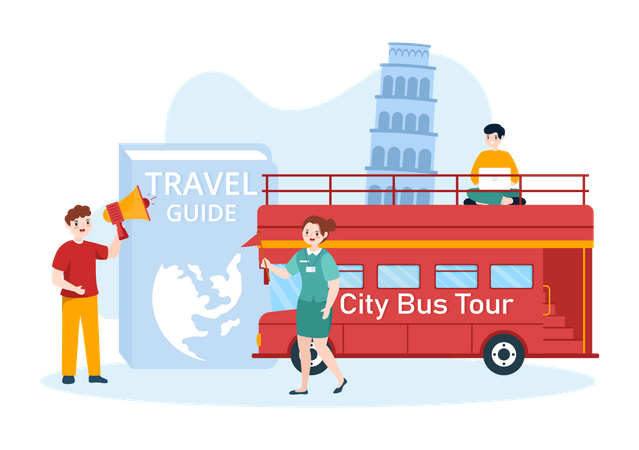 Travel guide on city tour bus  Illustration