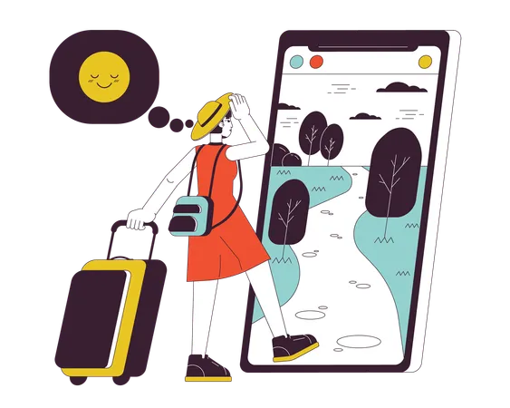 Travel Influencer Going On Vacation Flat Line Concept Vector Spot Illustration Travel Blogger Woman 2 D Cartoon Outline Character On White For Web UI Design Editable Isolated Colorful Hero Image Illustration