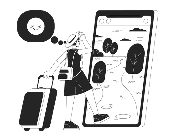 Travel Influencer Going On Vacation Flat Line Concept Vector Spot Illustration Travel Blogger Woman 2 D Cartoon Flat Line Monochrome Character For Web UI Design Editable Isolated Outline Hero Image Illustration