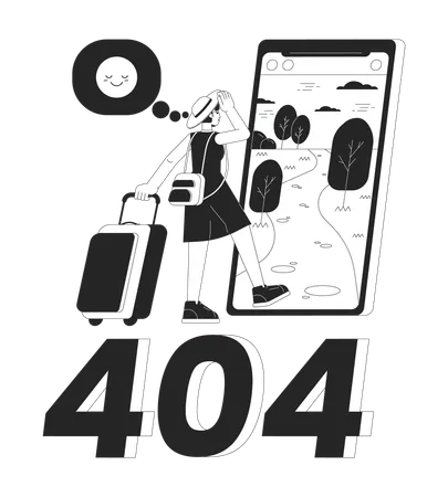 Travel Influencer Going On Vacation Black White Error 404 Flash Message Travel Blogger Monochrome Empty State Ui Design Page Not Found Popup Cartoon Image Vector Flat Outline Illustration Concept Illustration