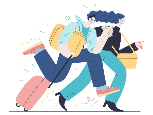 Travel Insurance Medical Insurance Illustration Modern Flat Vector Concept Digital Illustration Harrying Young Couple Running With Suitcases In The Airport Rush Illustration