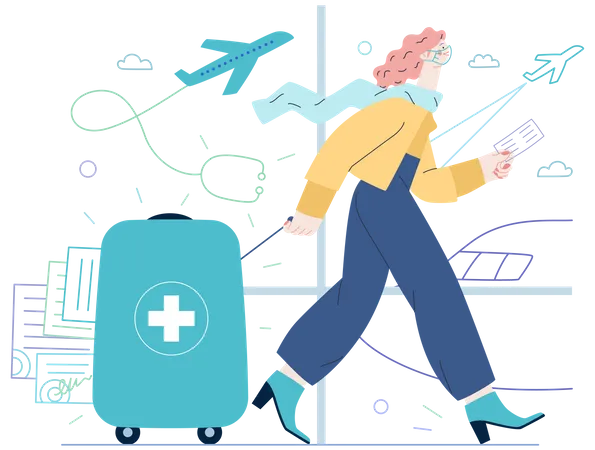 Medical Tourism Medical Insurance Illustration Modern Flat Vector Concept Digital Illustration Young Woman In The Airport Going To Flight Departure For The Treatment Abroad Medical Toursm Metaphor Illustration