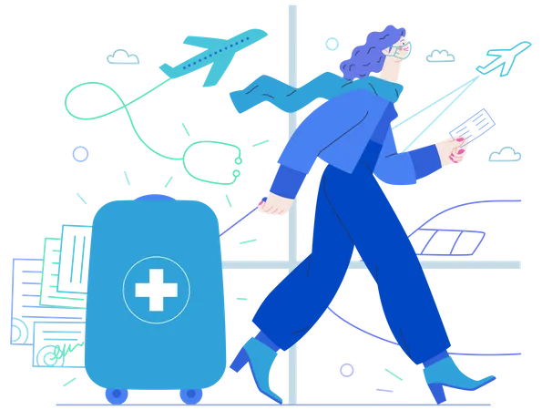 Medical Tourism Medical Insurance Illustration Modern Flat Vector Concept Digital Illustration Young Woman In The Airport Going To Flight Departure For The Treatment Abroad Medical Toursm Metaphor Illustration