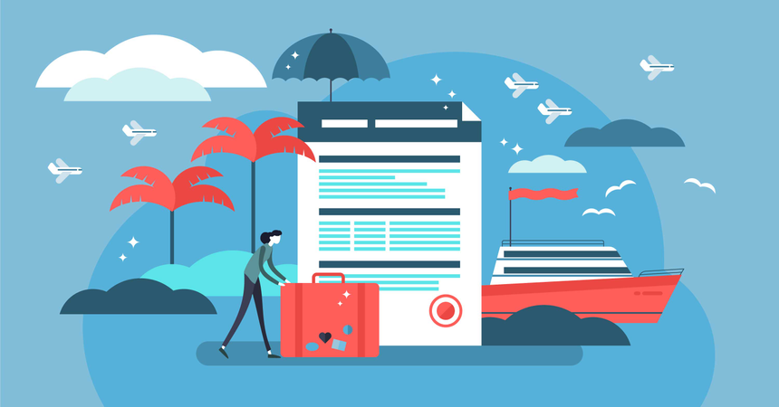 Travel insurance vector illustration with stylized tourist and agreement  Illustration