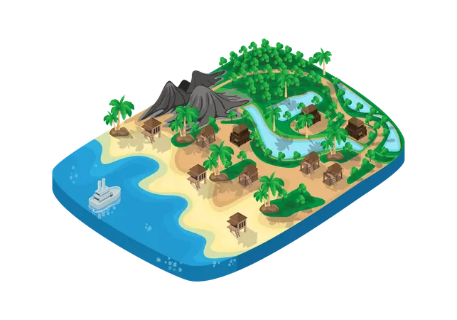 Isometric Style Illustration Of Seaside Countryside Map With Plank Houses And Dirt Road 일러스트레이션