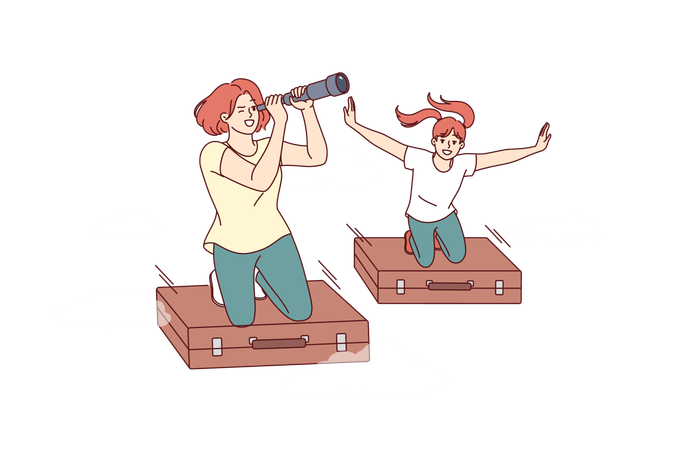 Travel of two women fantasizing about going on vacation by plane flying on old suitcases in sky  Illustration