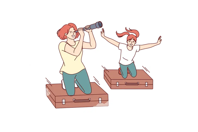 Travel of two women fantasizing about going on vacation by plane flying on old suitcases in sky  Illustration