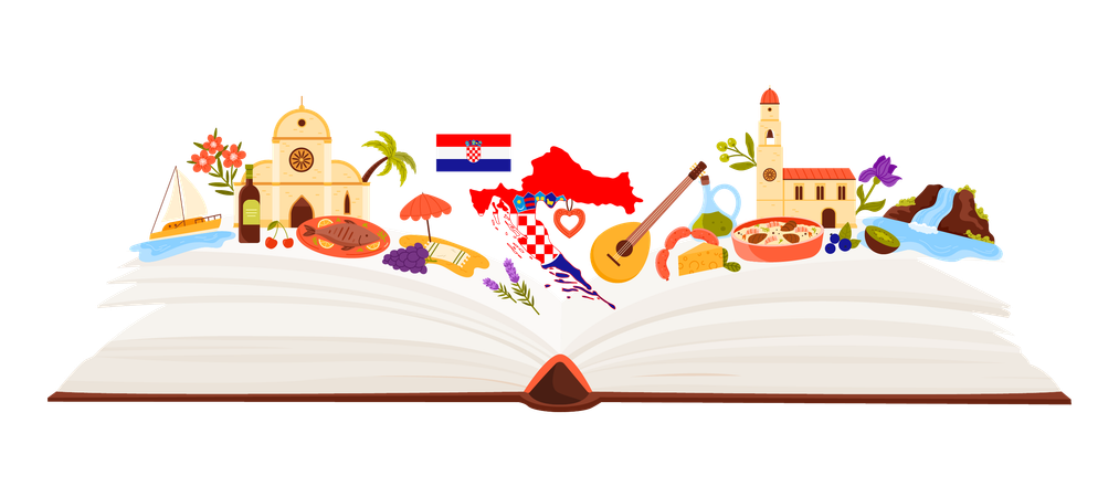 Travel to Croatia travel guide attractions on open book pages  Illustration