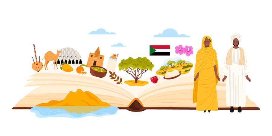 Travel to Sudan sightseeing landmarks and tourist attractions in open book  Illustration