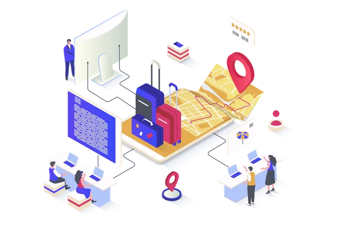 Travel Vacation Concept In 3 D Isometric Design Trip Organization Collects Luggage Plans Route Books Flight And Hotel In Mobile App Vector Illustration With Isometry People Scene For Web Graphic Illustration