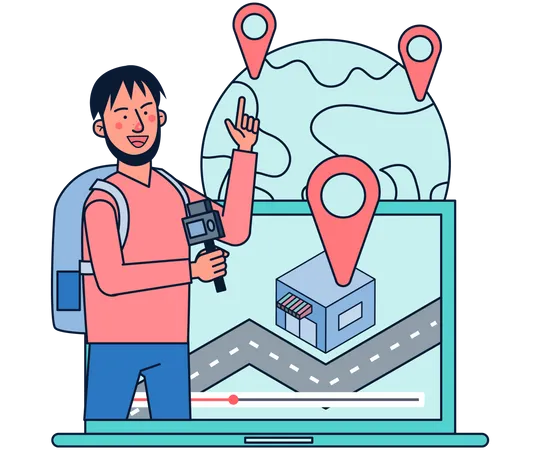 Travel vlogger reviewing location  Illustration